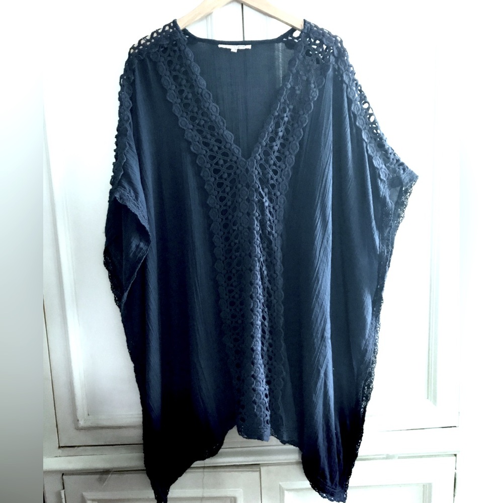 S-M-L Navy Blue Cotton Gauze Crochet lace Inset Cover-Up